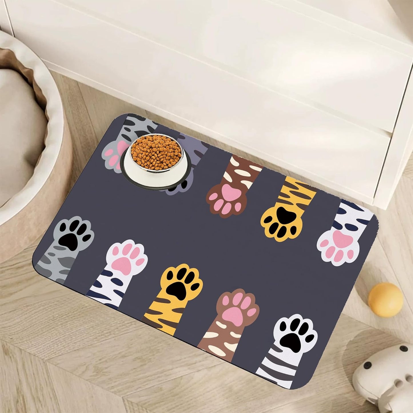 Cute Cat Paw Print Dog Food Mat for Floors,Absorbent Pet Food and Water Bowl Mats,Non-Slip Pet Feeding Mat,Pet Supplies 16" x 24"