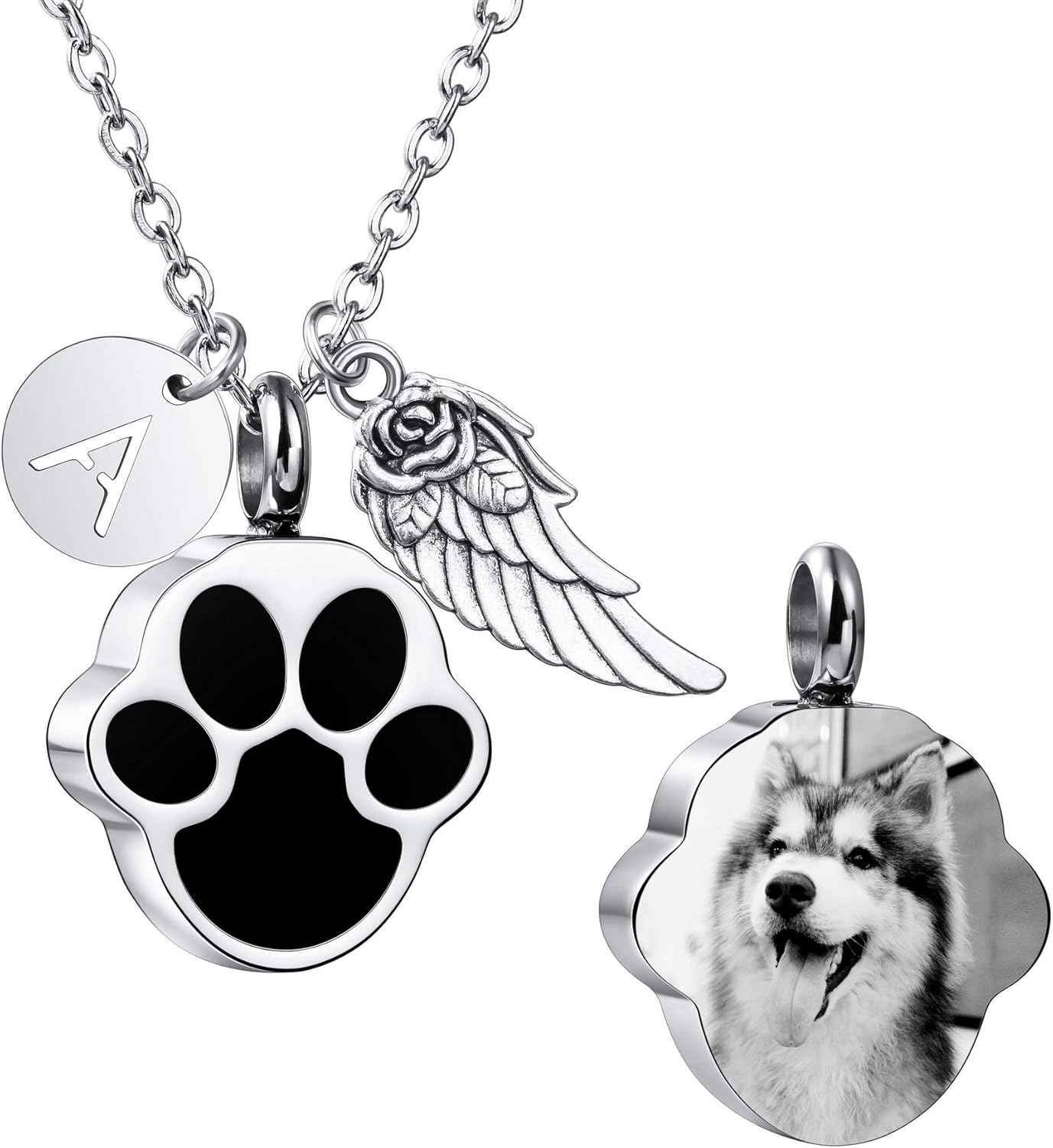 MeMeDIY Personalized Heart Paw Print Ashes Urn Pendant Necklace Custom Name/Photo/Date for Women Men Pet Lover Stainless Steel Memorial Dog Cat Pet Keepsake with Funnel Fill Kit Angel Wing