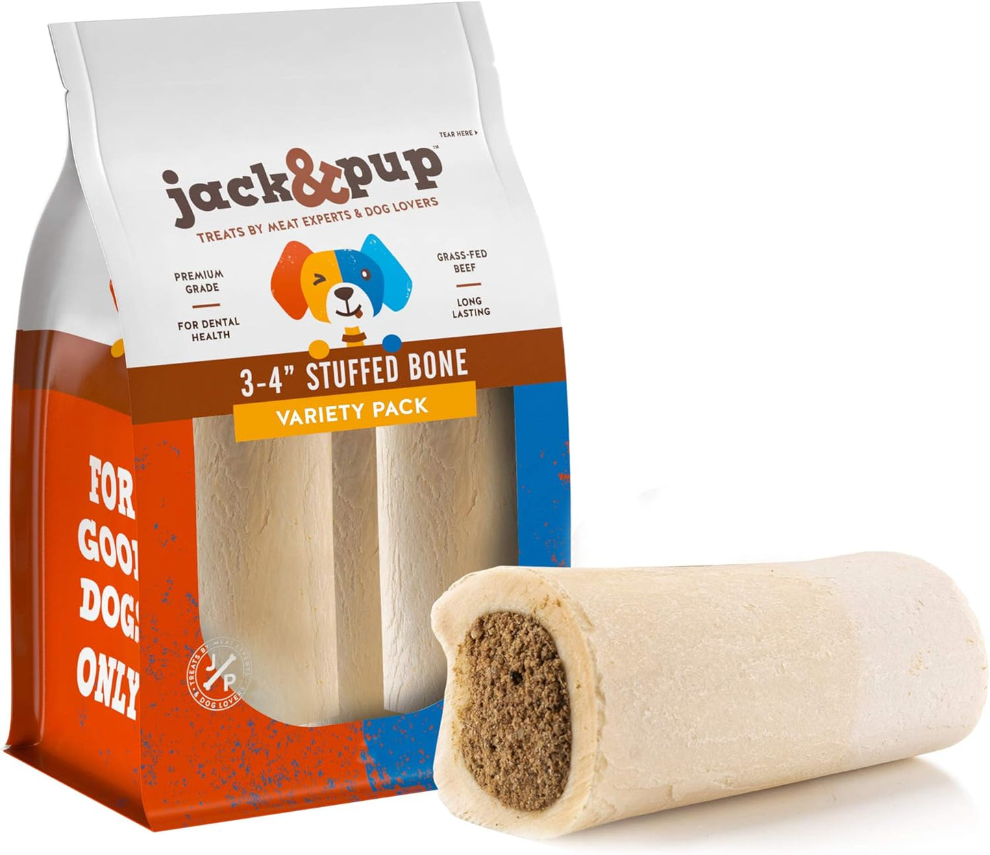 Jack&Pup 3-4" Filled Dog Bones for Small and Large Dogs, Flavored Shin Dog Bones Long Lasting, Stuffed Bone for Dogs, High Protein, Variety Pack - Bully Stick, Bacon&Cheese, Peanut Butter - 3 Pack