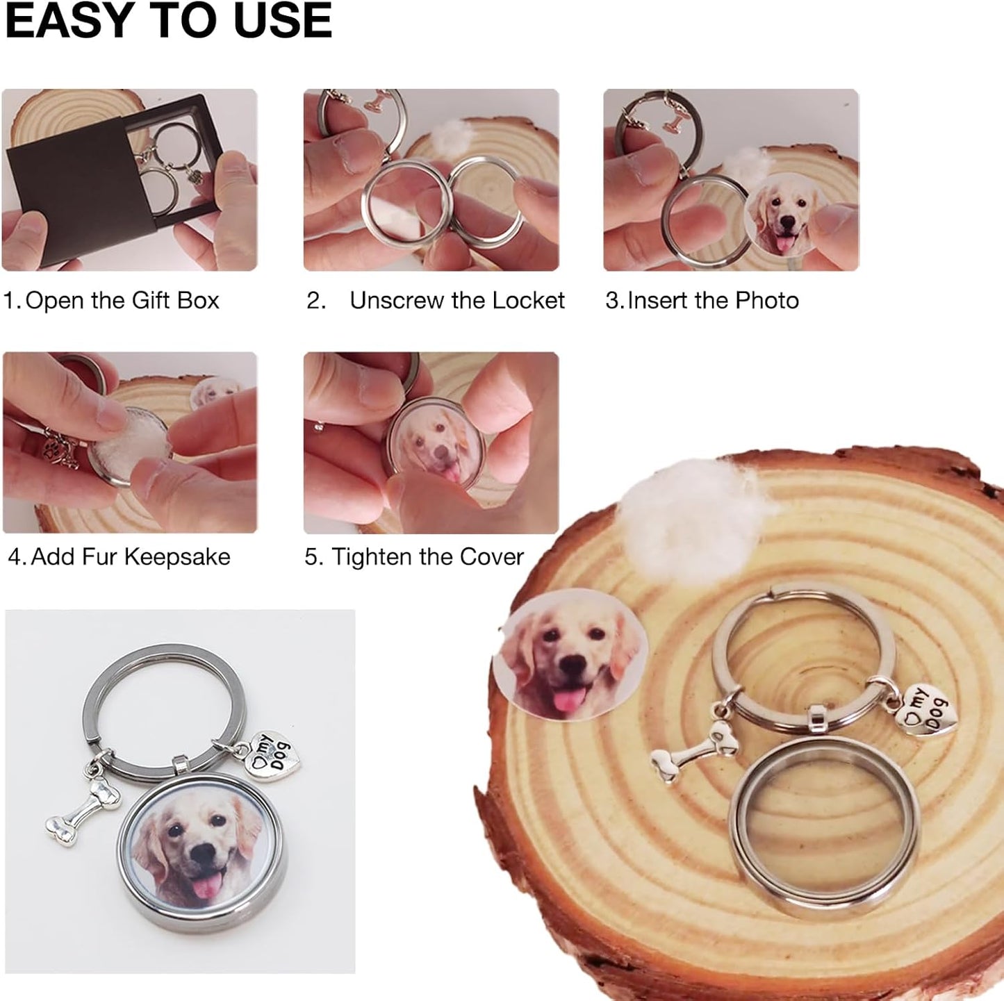 Pet Memorial Keychain for Dogs – Stainless Steel Locket with Photo & Fur Keepsake, Heart & Bone Charms, Pet Loss Memorial Gift for Dog Lovers