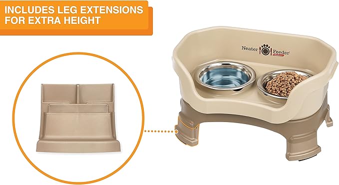 Neater Feeder Deluxe Mess Proof Cat Bowls Elevated for All Breeds – Made in USA – No Spill Raised Cat Bowls for Indoor Cats w/Leg Extensions – Stainless Steel Cat Food and Water Bowl Set - Beige