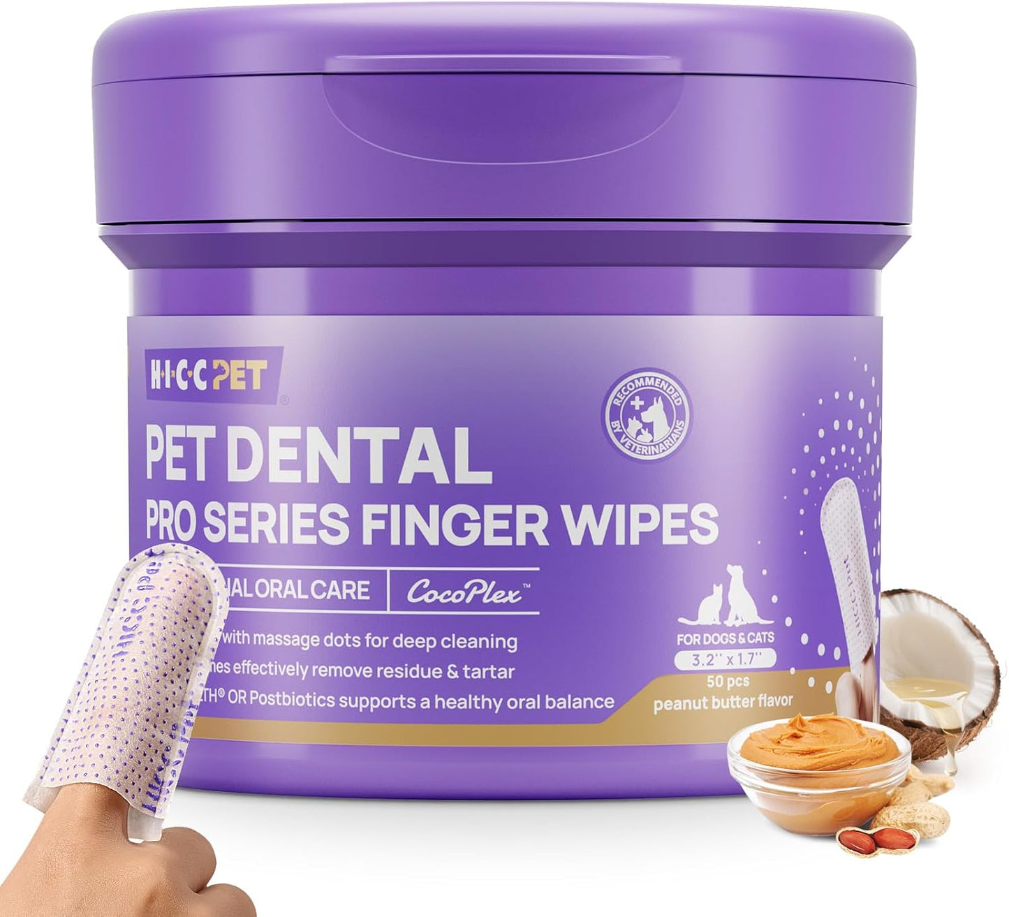 Dog Dental Wipes for Teeth Cleaning, HICC PET Pro Dog Toothbrush and Toothpaste Kit Alternative, Pet Dental Finger Wipes for Dogs & Cats, Puppy Tooth Brushing Kit, Remove Plaque&Freshen Breath, 50 PCS