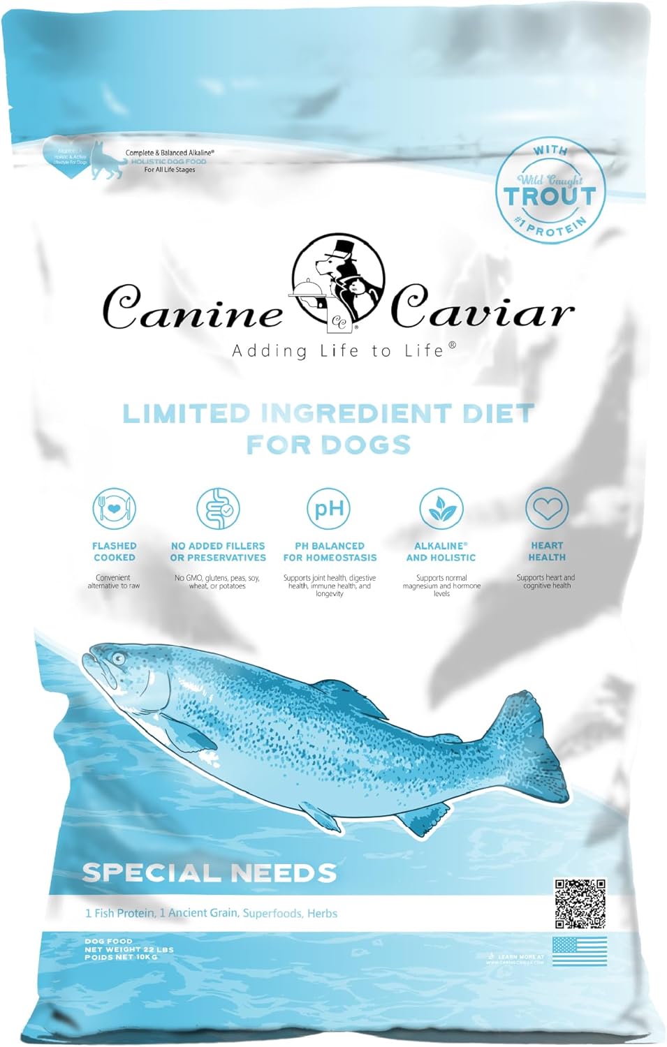 Canine Caviar - Special Needs: Trout & Whole Ground Oats, Alkaline Dry Dog Food, Limited Ingredients, Gluten-Free, Based on Science & Research, Veterinary Alternative Diet (22 Pound Bag)