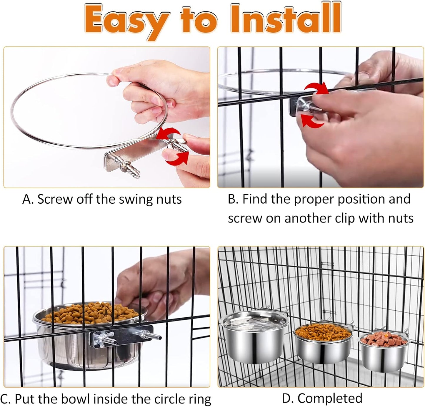 Dog Crate Water Bowl, 3 pcs Stainless Steel Dog Bowls, Durable Anti-Spill Pet Metal Bowl for Cage Kennel Crate, Hanging Water/Food Bowl for Medium & Large Dogs (7.1x3.5'' & 6.3x2.6'' & 5.5x3.1'')