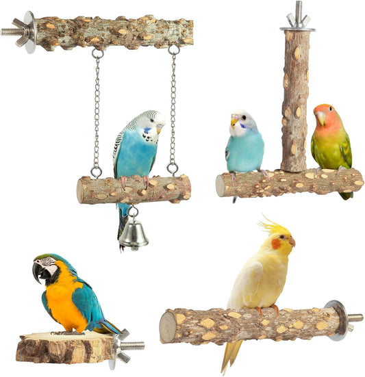 Bird Perches,4pcs Natural Wood Birds Stand Branch, Bird Perch Chewing Stick Cage Accessories Parrot Climbing Standing Branches Paw Grinding Fork Sets for Parakeet Lovebirds Cockatiels Conure Budgies