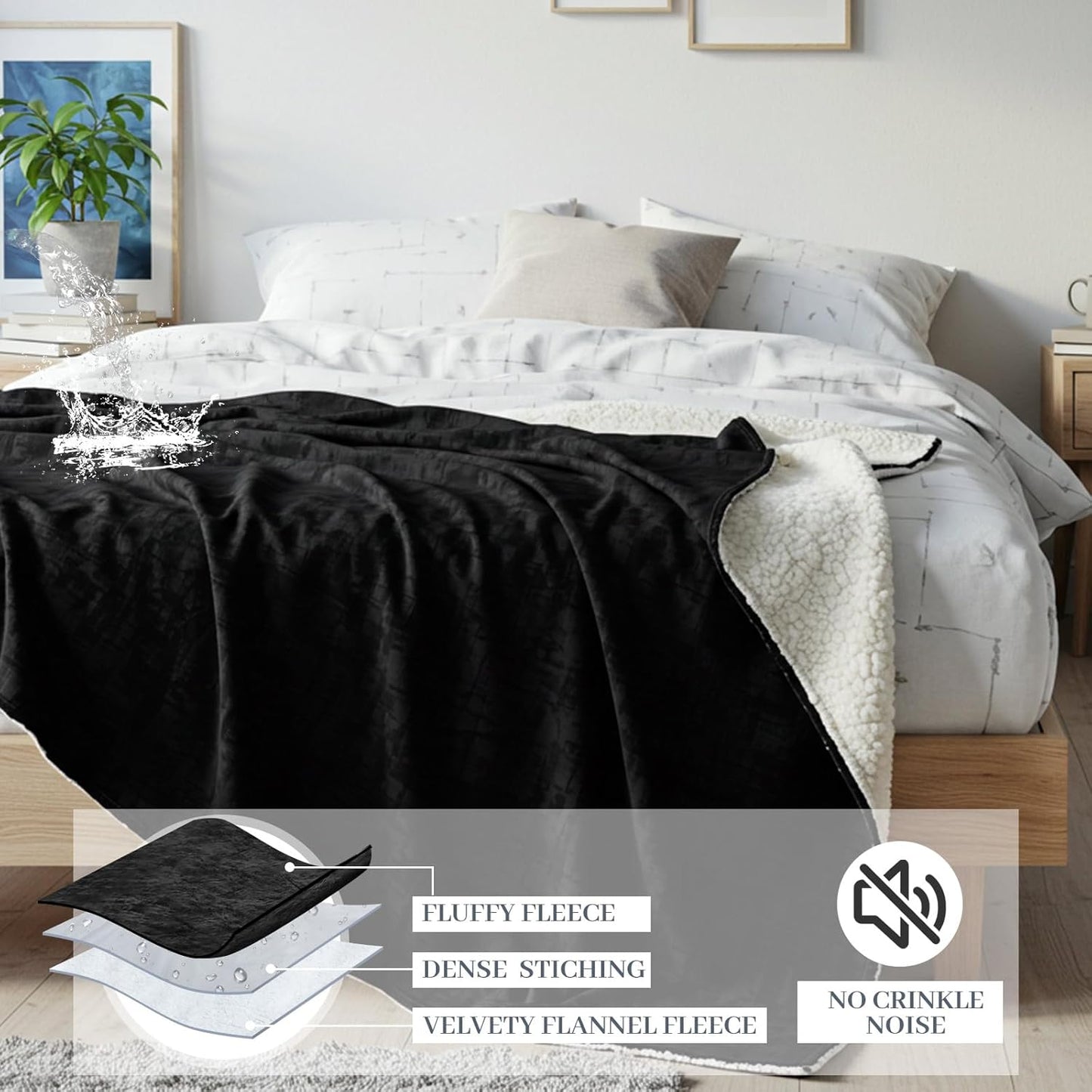 Love Black Waterproof Bed Blanket, Queen Size 80'' x 80'' Double Side Leakproof Reversible Sherpa Flannel Fleece 3 Layer Lightweight Blanket, Absorbs 70oz