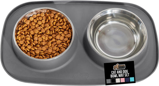 GORILLA GRIP Feeding Mat Set, Patent Pending 100% Waterproof BPA Free Silicone, Stainless Steel Cat and Dog Bowls, Slip Resistant, High Edges Catch Water Food, US Designed Pet Accessories, 1 Cup Gray