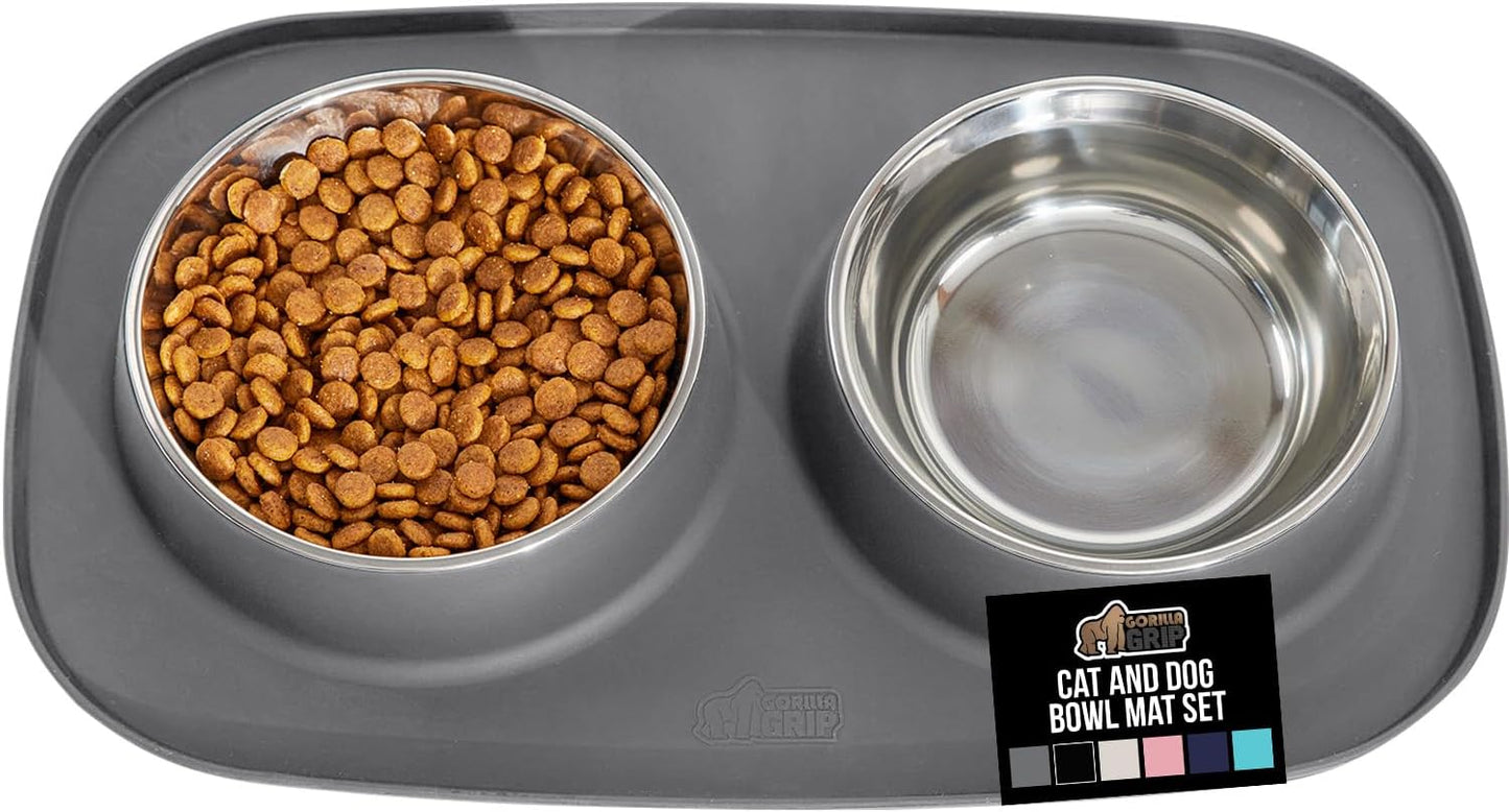 GORILLA GRIP Feeding Mat Set, 4 Cup, Patent Pending 100% Waterproof BPA Free Silicone, Stainless Steel Cat and Dog Bowls, Slip Resistant, High Edges Catch Water Food, US Designed Pet Accessories, Gray