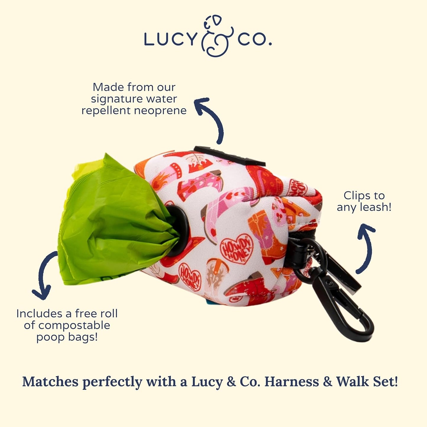 Lucy & Co. Dog Poop Bag Holder - Leak Proof Dispenser with Leash Attachment - Easy Refills - Hygienic Pet Poop Pickup - Pink Orange Western