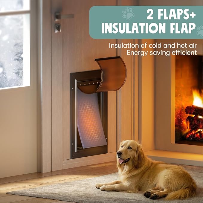 Dog Door for Door All Aluminum 3 Flaps Black, Large Dog Doggy Doggie Door, Heavy Duty Pet Door for Dogs Cats, with Insulation Flap, Telescoping Tunnel, Sliding Closing Panel, for Pets Up to 110lb