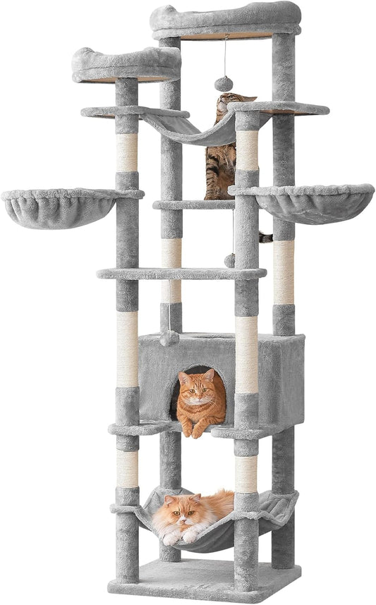 77-Inch Tall Cat Tree for Indoor Cats, Multi-Level Large Cat Tower with 4 Hammocks, 2 Padded Perches, Cat Condo, Sisal Scratching Posts and Hanging Toys for Large Adult Cat, Light Grey