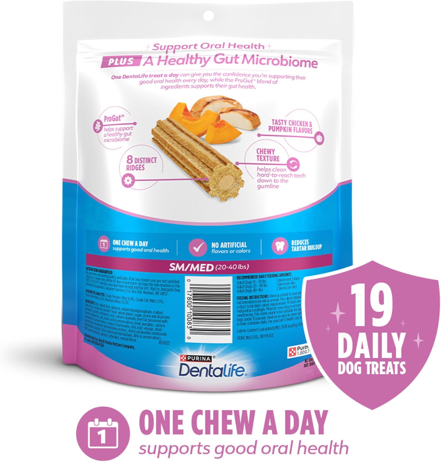 DentaLife Plus Digestive Support Dog Treats for Small and Medium Dogs, Cleans Teeth, Freshens Breath, & Supports Healthy Gut, Chicken & Pumpkin Flavor, 14.4 oz., 19 Chews - 19 ct. Pouch
