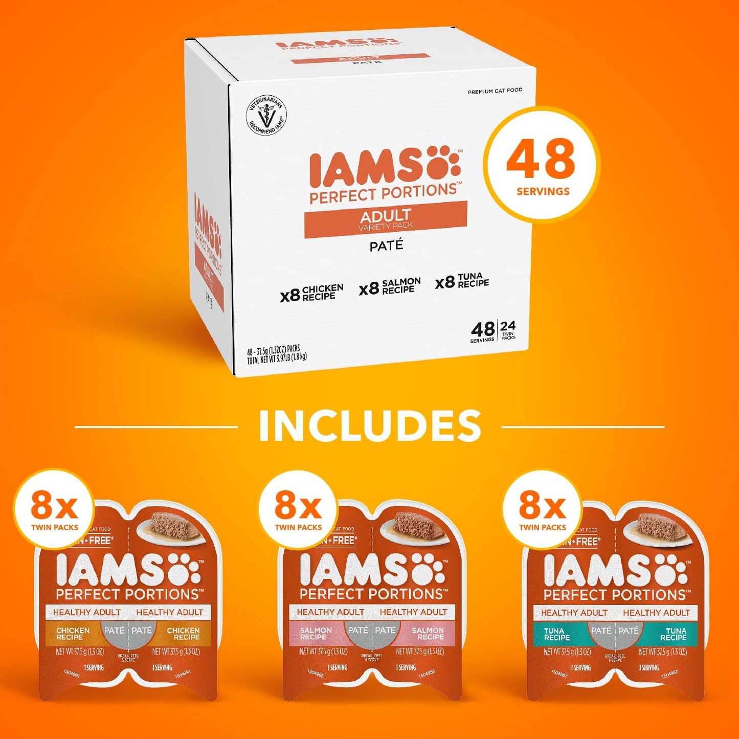 IAMS Perfect Portions Adult Wet Cat Food Pate, Chicken, Salmon, and Tuna Recipe Variety Pack, 2.6 oz. Easy Peel Twin-Pack Trays (24 Count, 48 Servings)