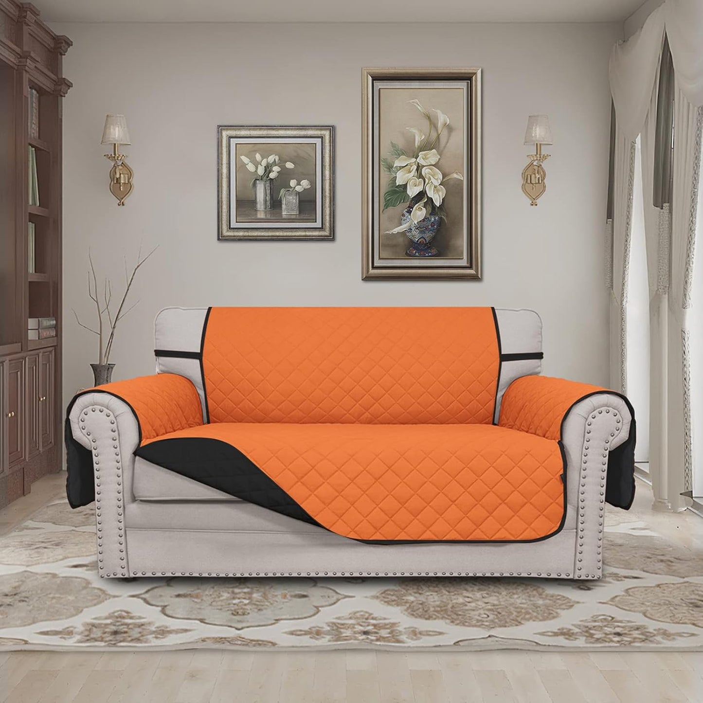 Easy-Going Reversible Loveseat Couch Cover for 2 Cushion Couch Sofa Cover for Dogs Water Resistant Furniture Protector with Foam Sticks Elastic Straps for Pet (Loveseat, Orange/Black)