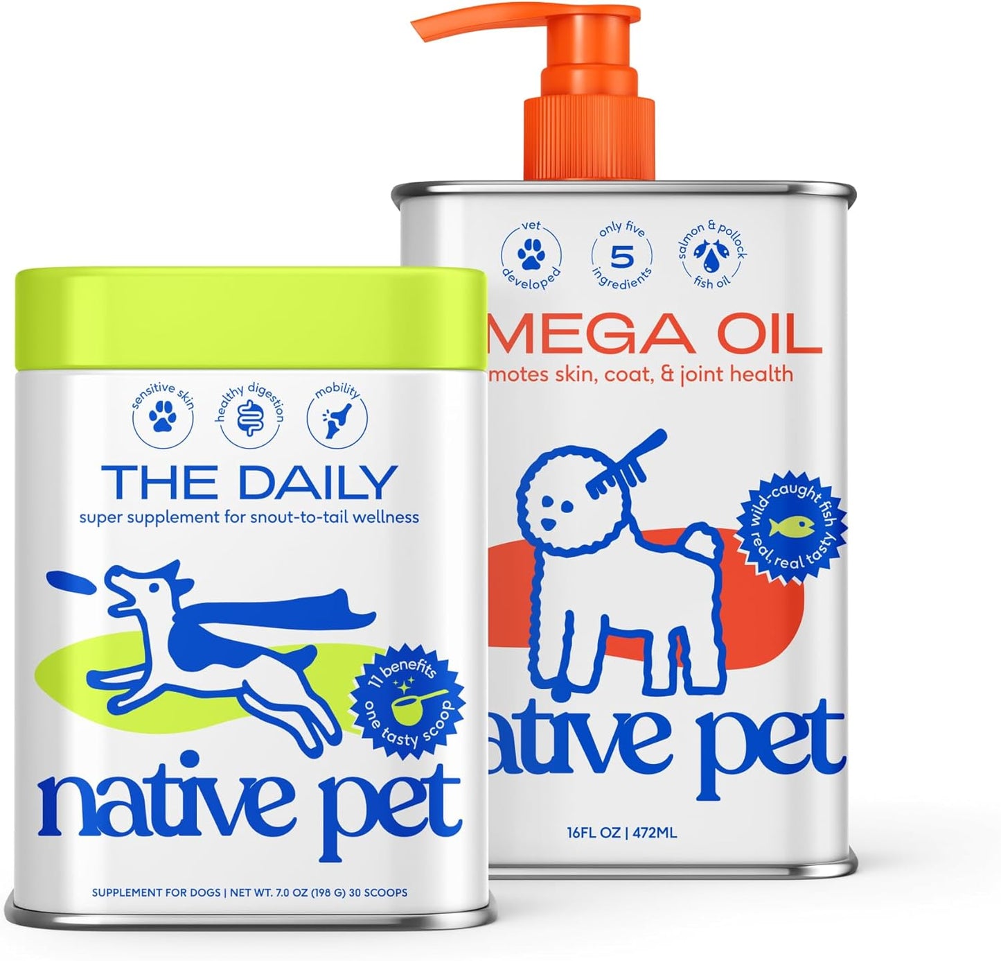 Native Pet Pack Leaders Bundle: Daily Multivitamin (30 Scoops) & Omega Oil for Dogs (16 oz.) - Omega 3 Fish Oil for Healthy Skin, Shiny Coat, & Strong Joints & Daily Multivitamin for Dogs