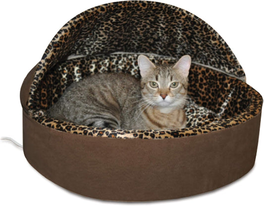 K&H Pet Products Thermo-Kitty Bed Deluxe Heated Cat Bed for Smaller Kitties - Indoor Heated Pet Bed for Dogs & Cats, Covered Cave Pet Tent, Machine Washable, Safety Listed - Small 16in Mocha/Leopard