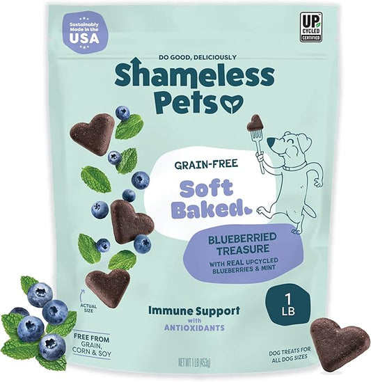 Shameless Pets Soft-Baked Dog Treats, Blueberried Treasure - Natural & Healthy Chews with Mint for Immune Support - Dog Biscuits Baked & Made in USA, Free from Grain, Corn & Soy - 1 Pound (Pack of1)