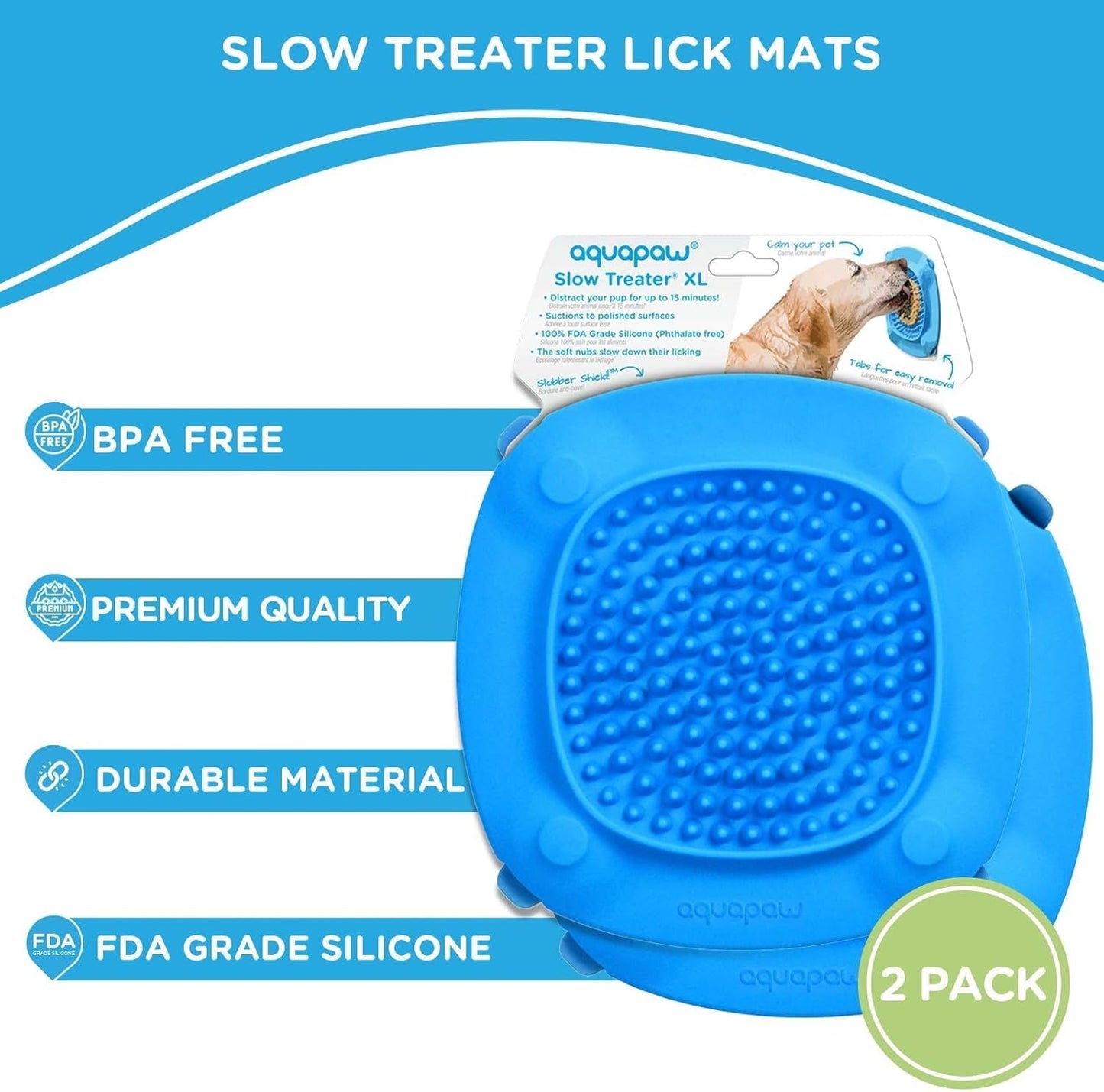 Aquapaw Dog Bath Lick Mat - 2-Pack, XL, Blue - Slow Feeder Mat & Dog Treat Container with Suction Cup - Shower Peanut Butter Holder & Bathing Distraction Aid