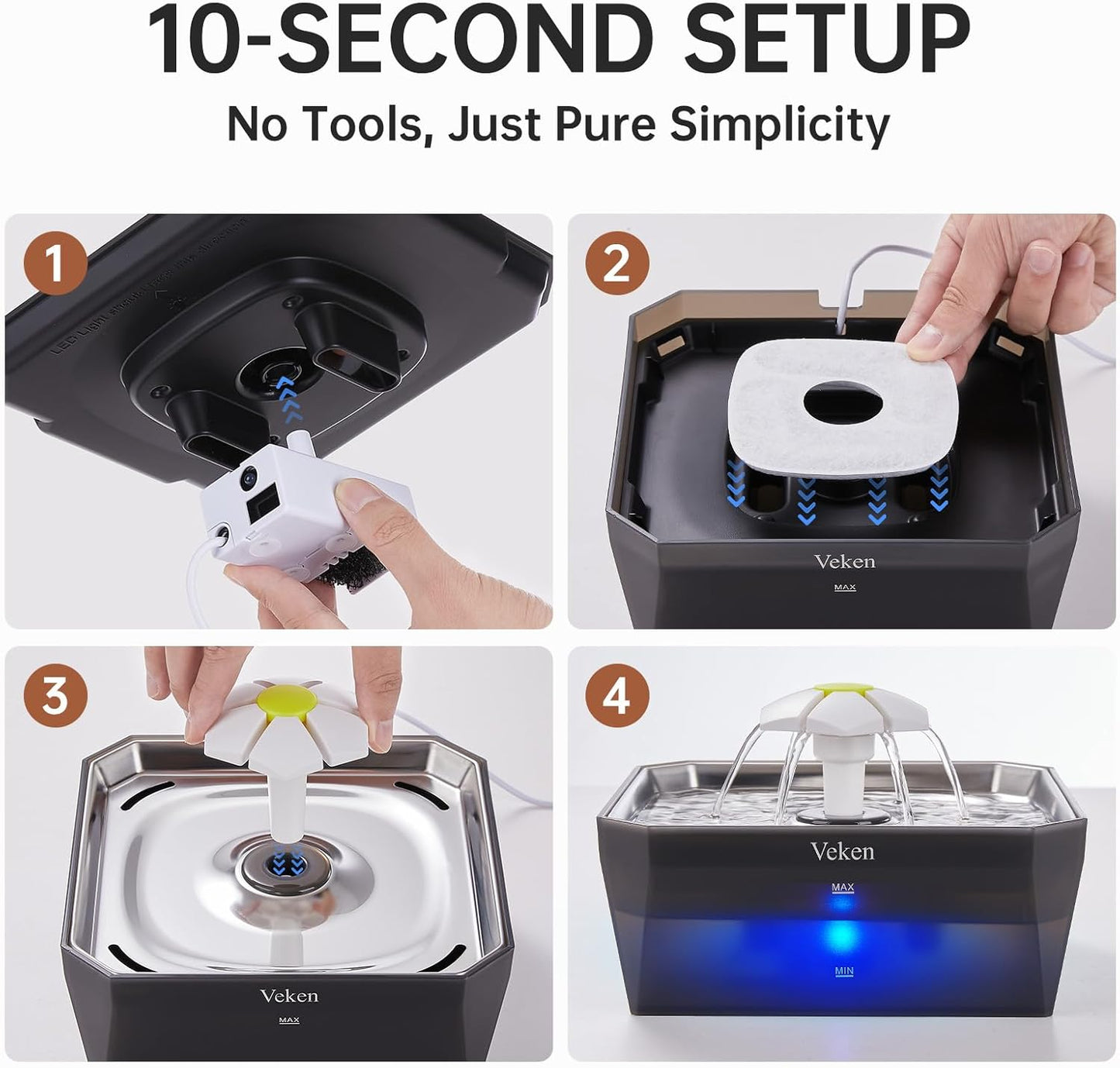 Veken Small Pet-Friendly Cat Water Fountain with Stainless Steel Lid & Quiet Pump, Easy to Clean & Assemble, 50oz Mini Pet Water Dispenser with 4 Replacement Filters & 4 Pre-Filter Sponges, Silver