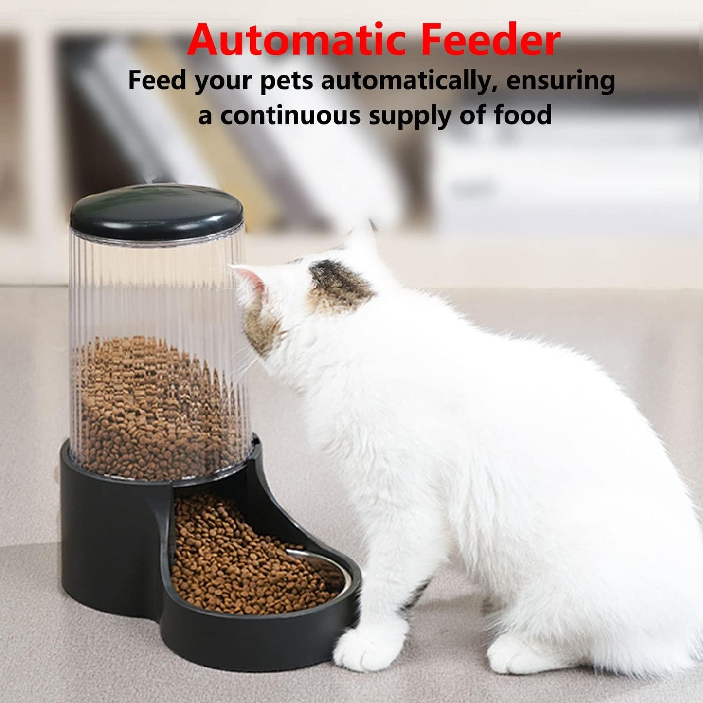 Automatic Cat Feeder, 3.8L Large Gravity Cat Food Dispenser with Detachable Top Lid, Visible Bottle and Stainless Steel Bowl for Pets (Black)