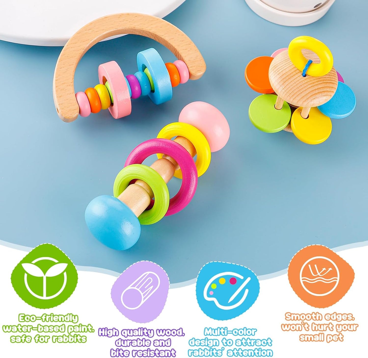 MEWTOGO 3 Pcs Wooden Bunny Toys - Safe Rabbit Toys, Bite-Resistant Guinea Pigs Toys for Chinchillas Hamsters Small Animals Playing Teeth Grinding Indoor Outdoor Bunny Gifts