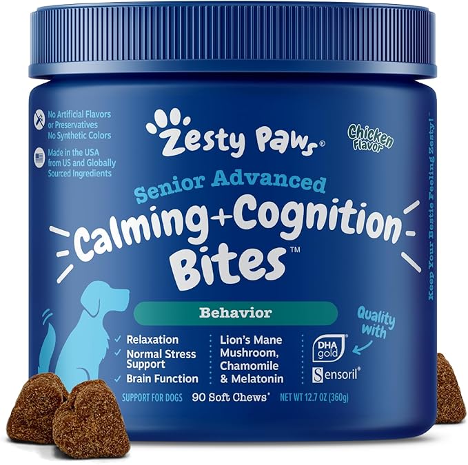 Zesty Paws Senior Advanced Calming & Cognition Soft Chews for Dogs - Supplements for Dog Brain Health & Nervous System Support + Calming & Relaxation -with Ashwagandha, DHA & Melatonin