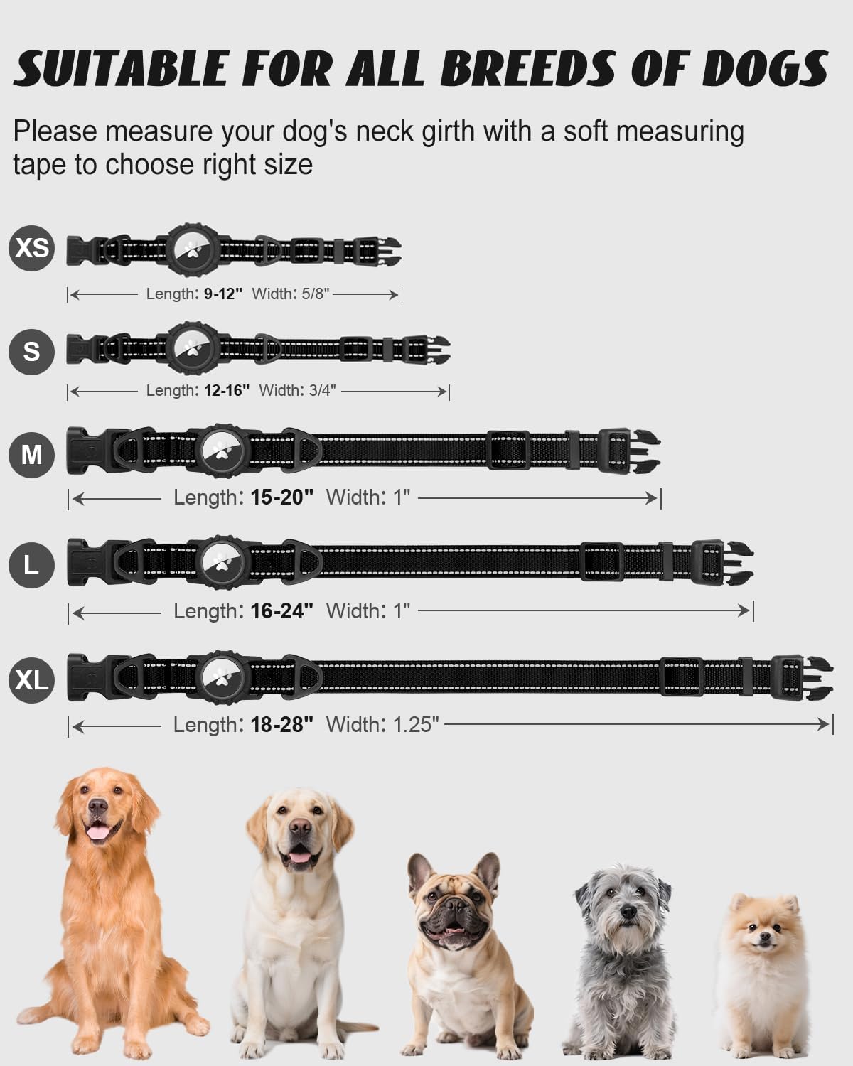 Joytale Airtag Dog Collar, Dual D-Rings, Reflective Pet Collar with Waterproof AirTag Holder, Soft Padded Adjustable for Medium Dogs, Black, M