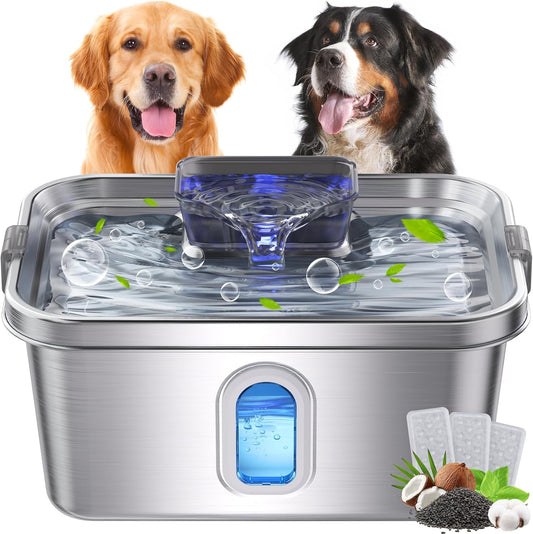 Dog Water Fountain for Large Dogs Stainless Steel Dog Water Fountain 2 Gal Cats & Pets Automatic Pet Water Fountain with Large Drinking Area Ultra-Quiet Pump Water Fountain Dog Bowl with Filters