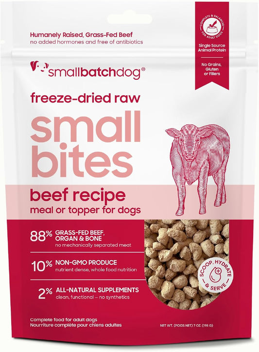 smallbatch Freeze-Dried Beef Dog Food – Grain Free, Organic Produce – Raw Dehydrated Beef Bites, High Protein Complete Meal or Topper – Humanely Raised, Made in USA, 7oz