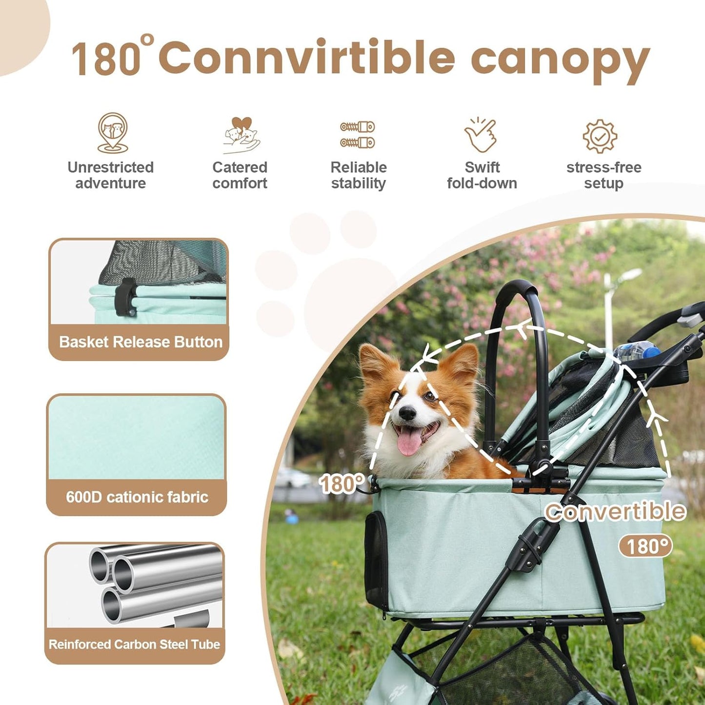 Pet Stroller, 4 Wheels Pet Strolling Cart for Medium/Small Dogs and Cats, Foldable Cat Jogger/Dog Stroller with Cup Holder, Storage Basket, Breathable Mesh, All-Season Pet Carrier (Tealblue)