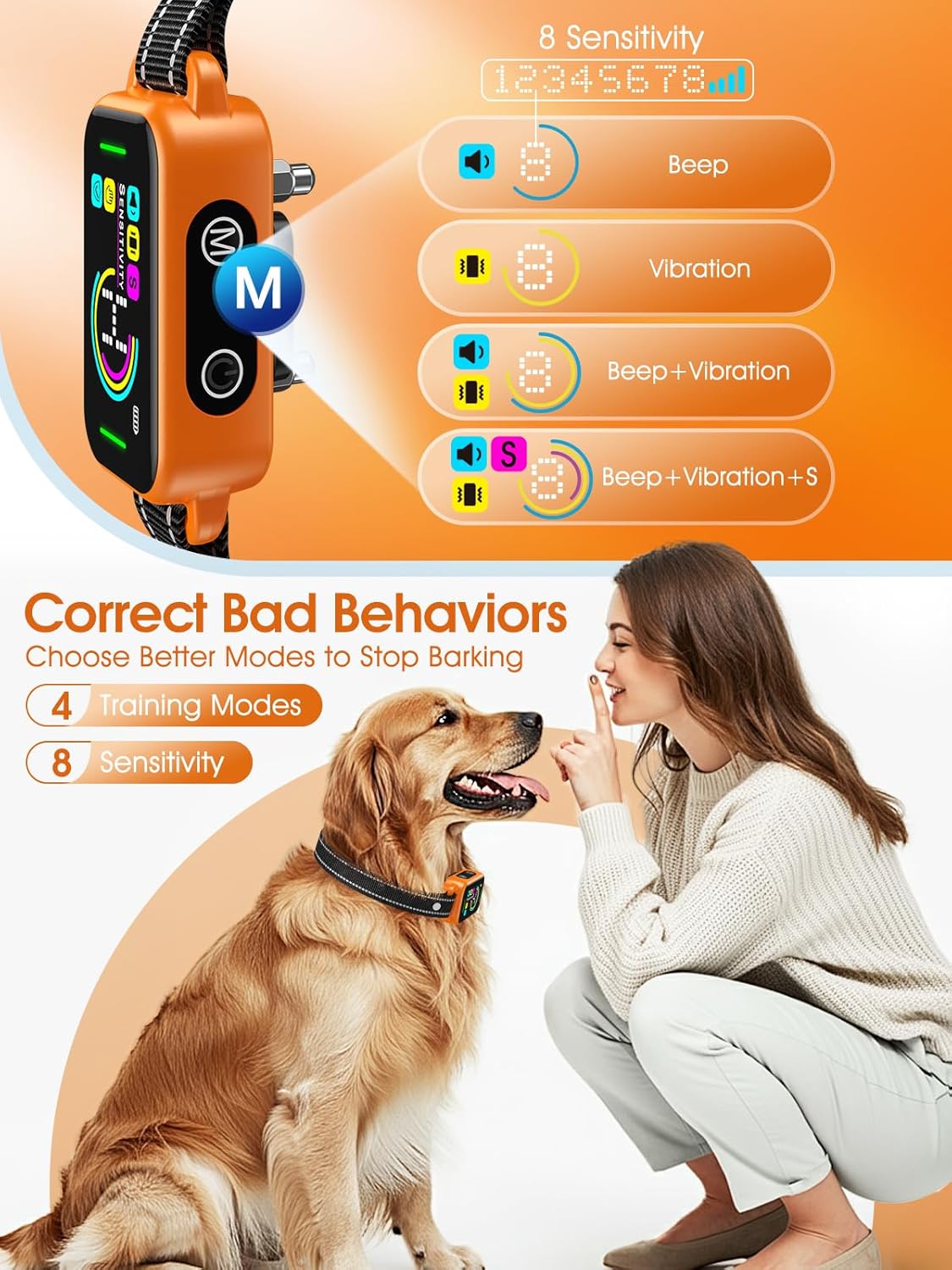 DINJOO Dog Bark Collar for Large/Medium/Small Dogs | Rechargeable Smart AI Anti-Barking Training Collar with 8 Adjustable Sensitivity, Beep & Vibration Modes | Solves Excessive Barking - Coral Orange