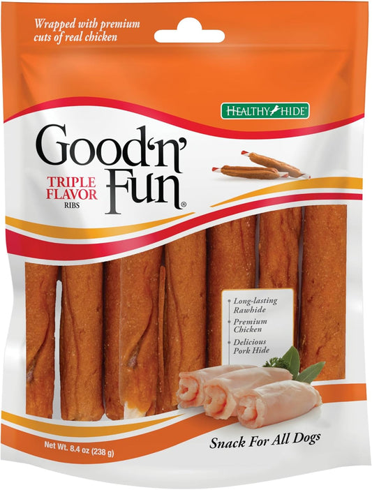 Good ‘n’ Fun Triple Flavor Ribs Chews for All Dogs, 8.4 Ounces, Treat Your Dog to Long-Lasting Chews Made with Beef Hide, Chicken and Pork Hide