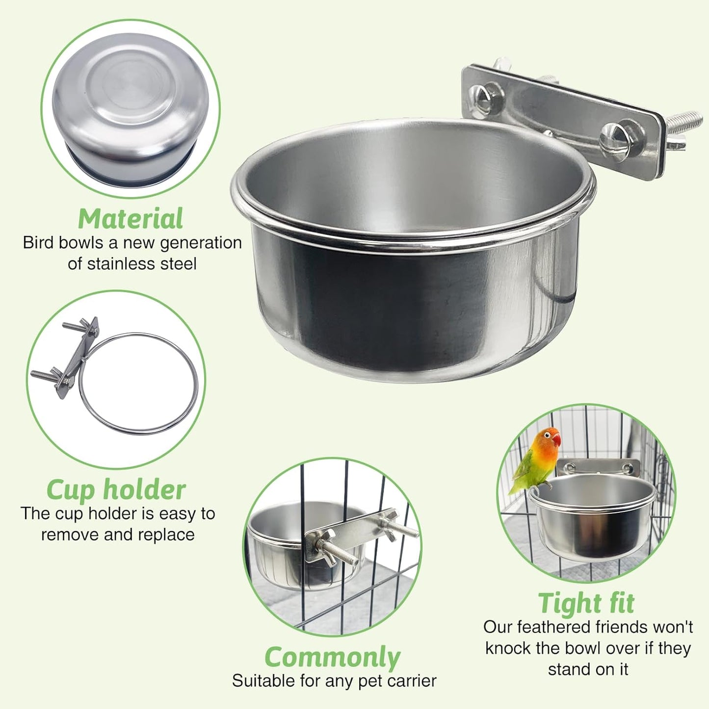 Tfwadmx 4 Pcs Stainless Steel Bird Bowls with Clamp Holder, Bird Dishes for Cage, Cockatiel Lovebird Budgie Chinchilla