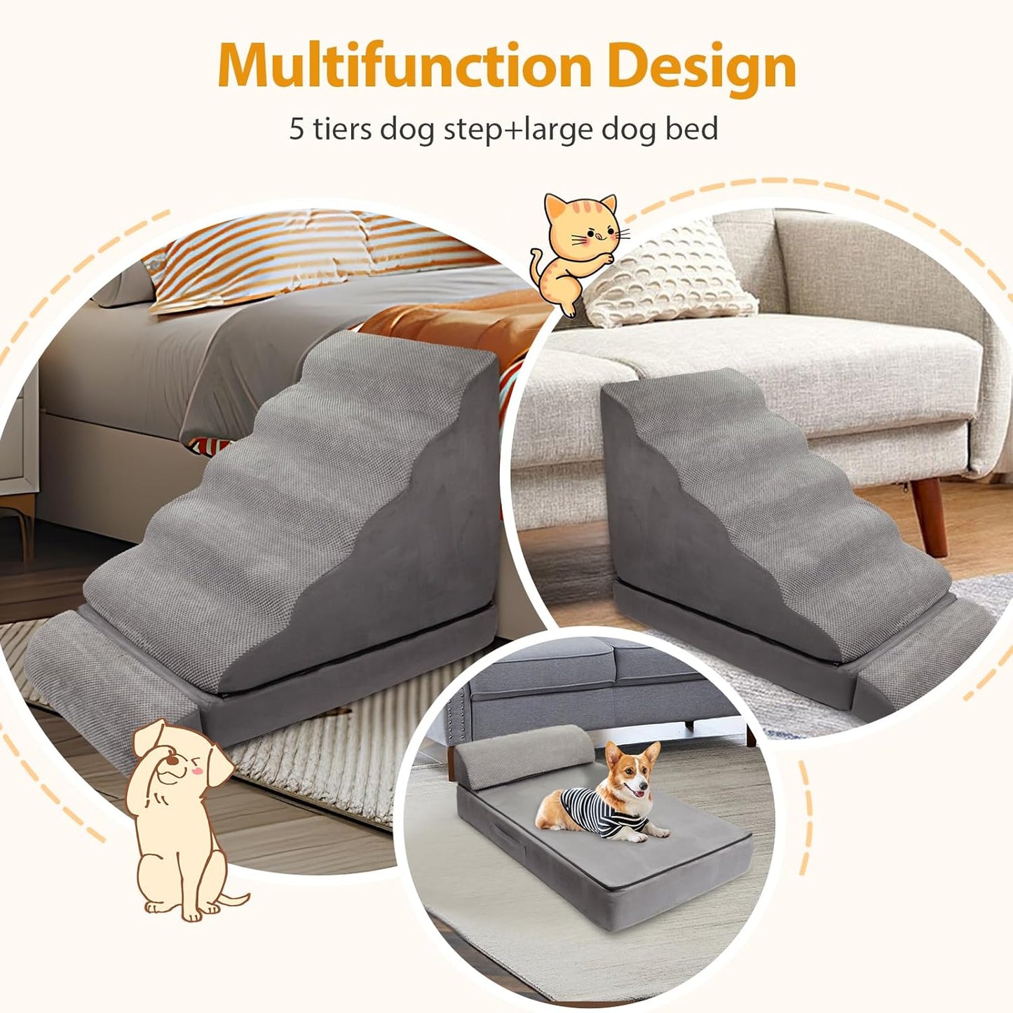Dog Stairs/Steps for High Beds up to 30-36 inches, A.FATI 6 Step Foam Pet Steps for Small Dogs/Old Pets, 30" H Non-Slip Dog Ramp for Bed, Grey