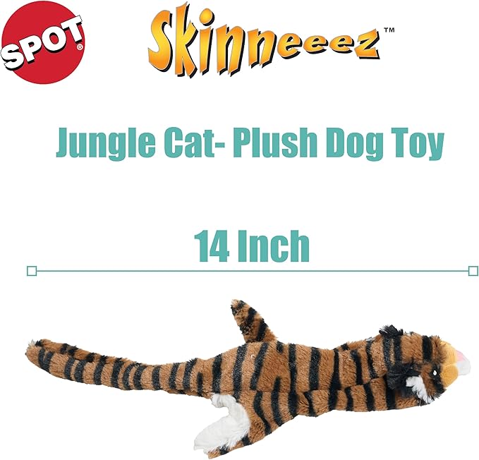 SPOT Skinneeez Jungle Cat 14 Inch Stuffing-Free Plush Squeaky Dog Toy – Soft Interactive Chew Toy for Small and Medium Dogs – Mess-Free Play for Light & Moderate Chewers