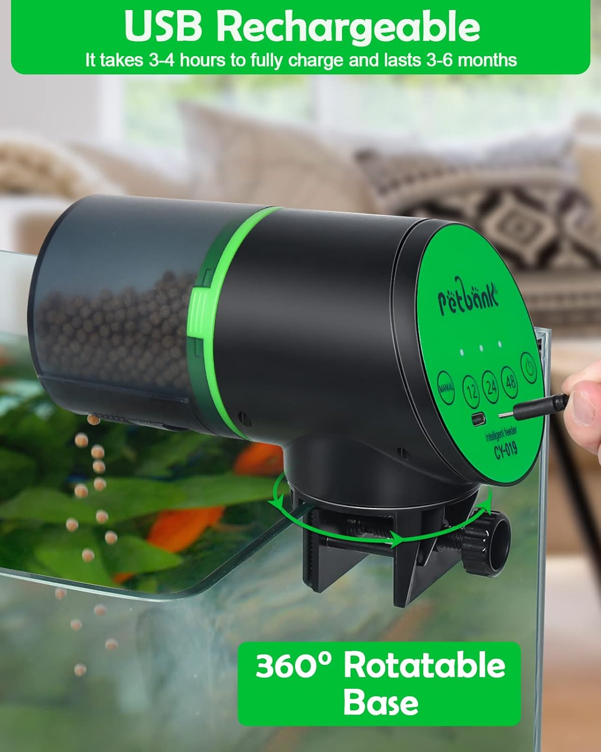 Automatic Fish Feeder for Aquarium - Auto Fish Food Dispenser Rechargeable for Small Large Tank with USB Charger Cable，12/24/48H Interval Esay Set Up (Green, CY-019)