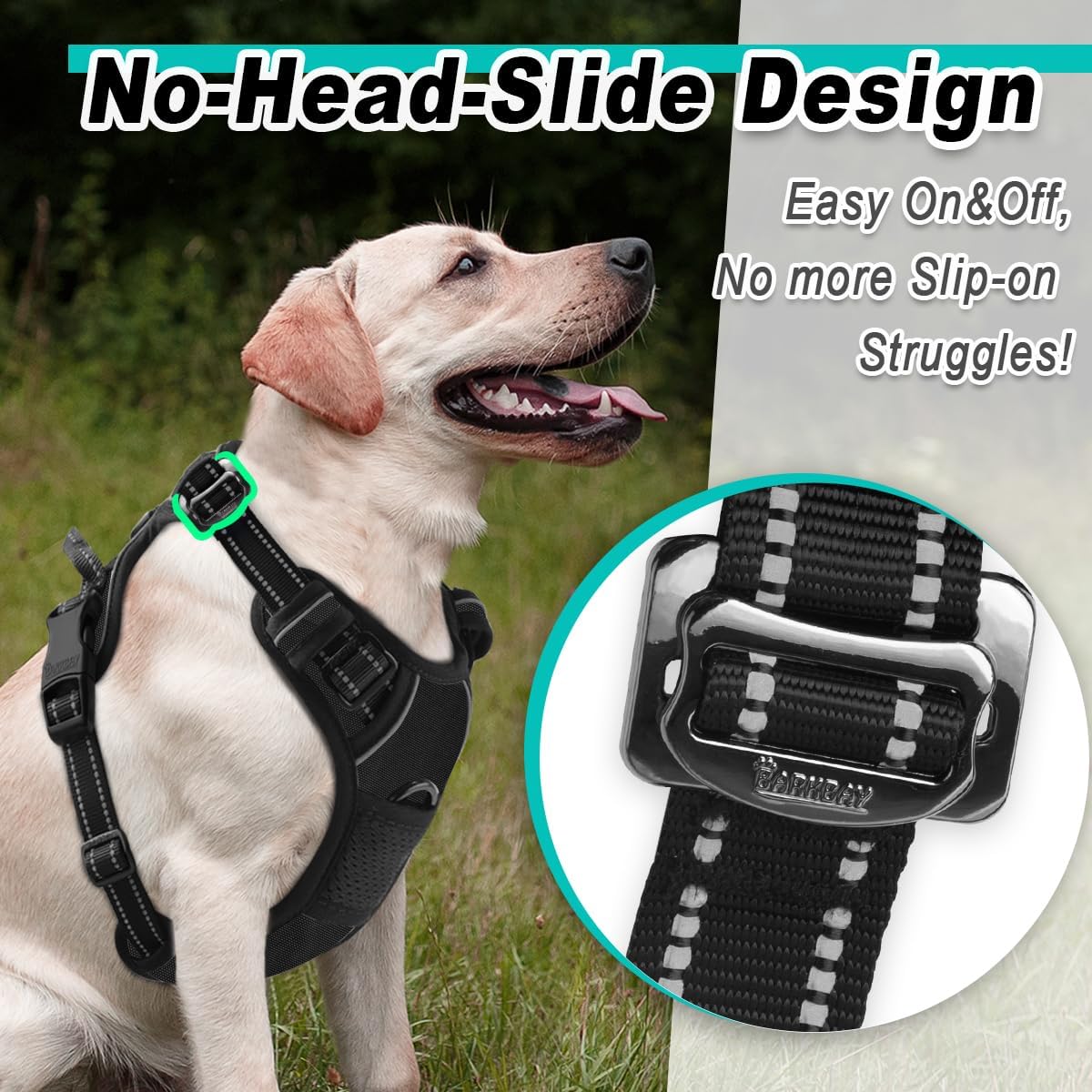 BARKBAY Dog Harness No Pull 3 Buckles for Large Dogs - Adjustable, Reflective, Comfortable, No Choke, Heavy-Duty - Perfect for Outdoor Training, Walking, and Hiking - Strong & Durable - XL & Black
