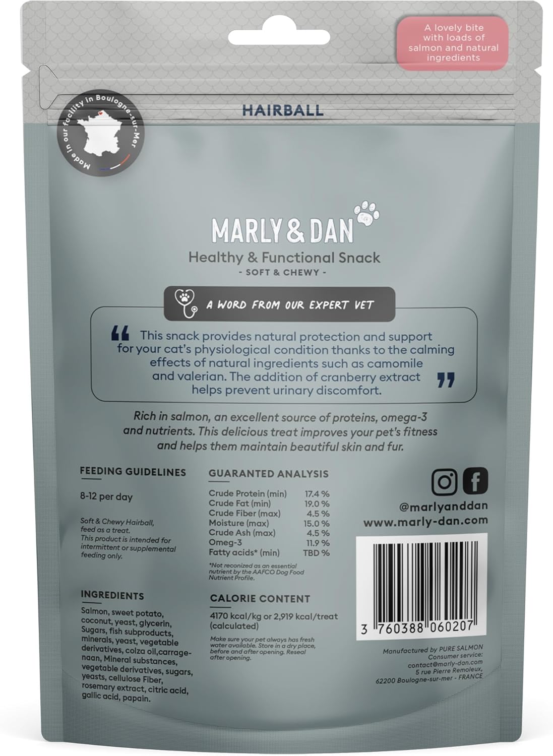 Marly & Dan Salmon Treats for Cats with Brewers Yeast & Coconut, Hairball Recipe, 3-oz Bag