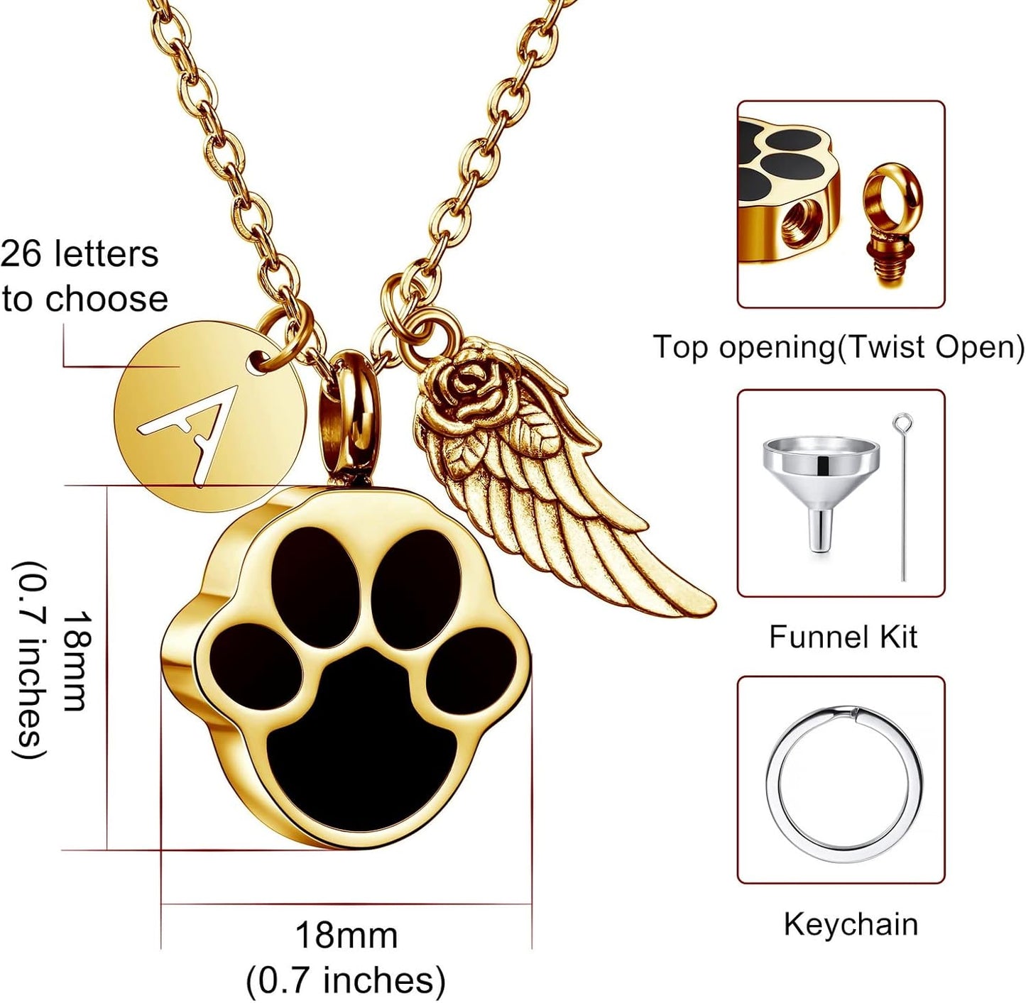 MeMeDIY Personalized Heart Paw Print Ashes Urn Pendant Necklace Custom Name/Photo/Date for Women Men Pet Lover Stainless Steel Memorial Dog Cat Pet Keepsake with Funnel Fill Kit Angel Wing