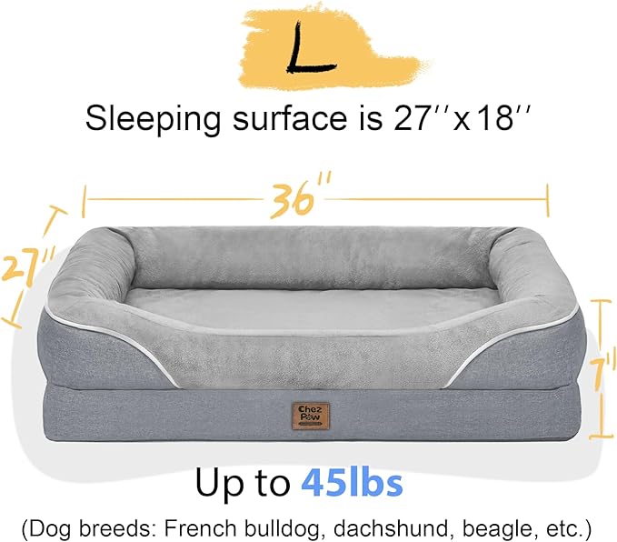Orthopedic Washable Large Dog Bed - Egg Foam Dog Beds for Large and Medium Dogs Big Pet Beds with Removable Washable Cover and Bolster for Extra Large Dogs