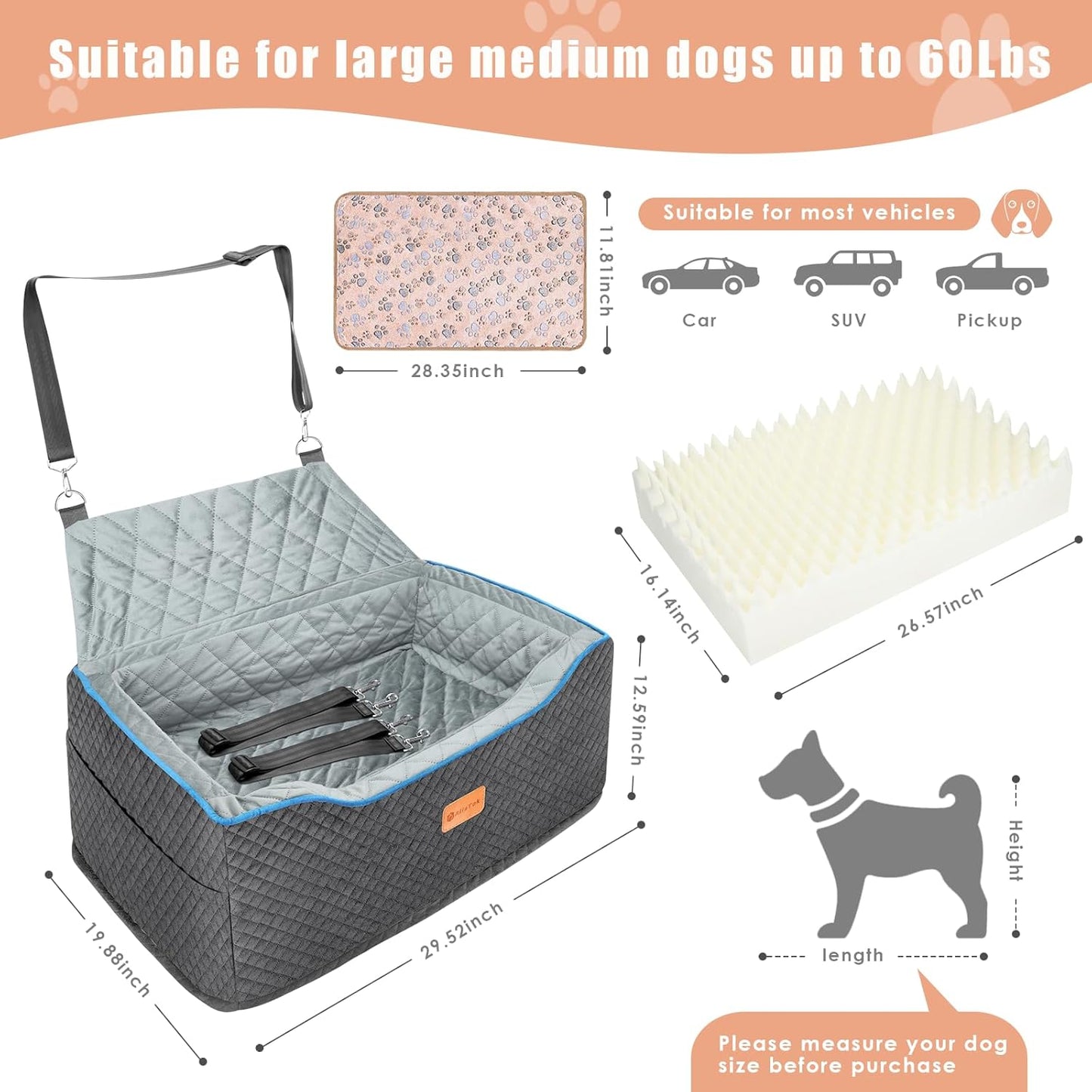 Dog Car Seat Large Size Dog, Washable Large Dog Car Seat, Detachable Memory Foam Pet Car Seat, Dog Booster Car Seat for Large Dogs 60 lbs, with 2 Dog Seat Belt and Dog Blankets