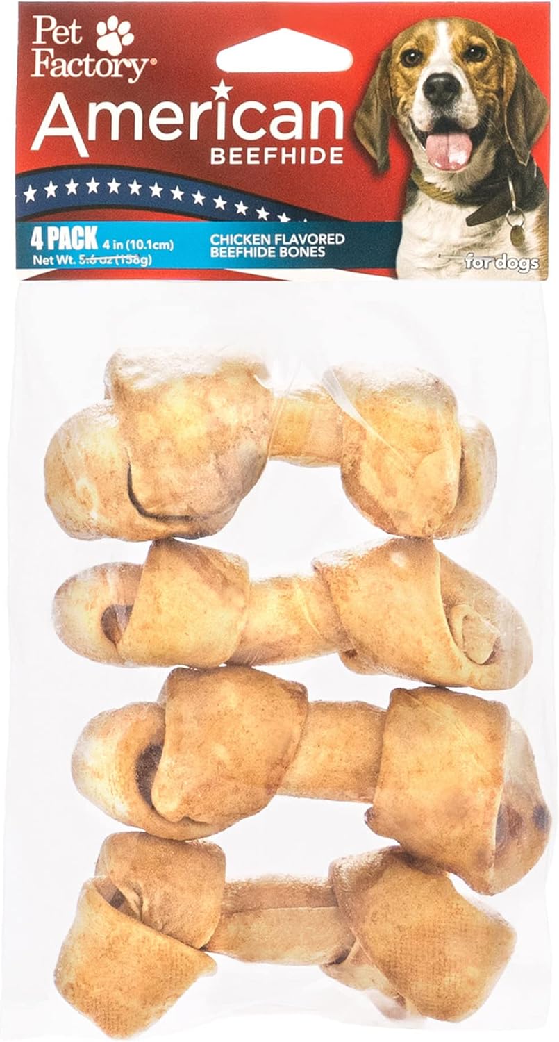 Pet Factory American Beefhide 4-5" Knotted Bones Dog Chew Treats - Chicken Flavor, 4 Count/1 Pack