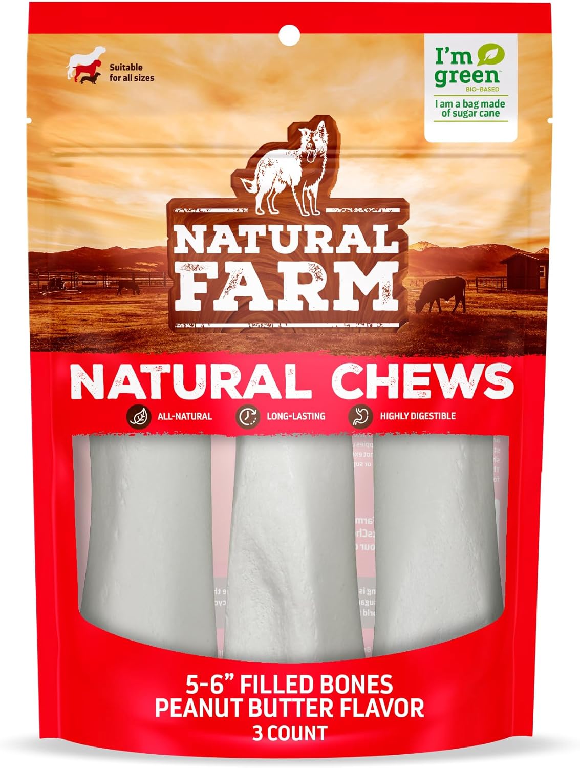 Natural Farm Peanut Butter Flavor Filled Dog Bones (5-6 Inch, 3 Pack), Limited Ingredient Stuffed Dental Dog Bone Treats for Small, Medium and Large Dogs