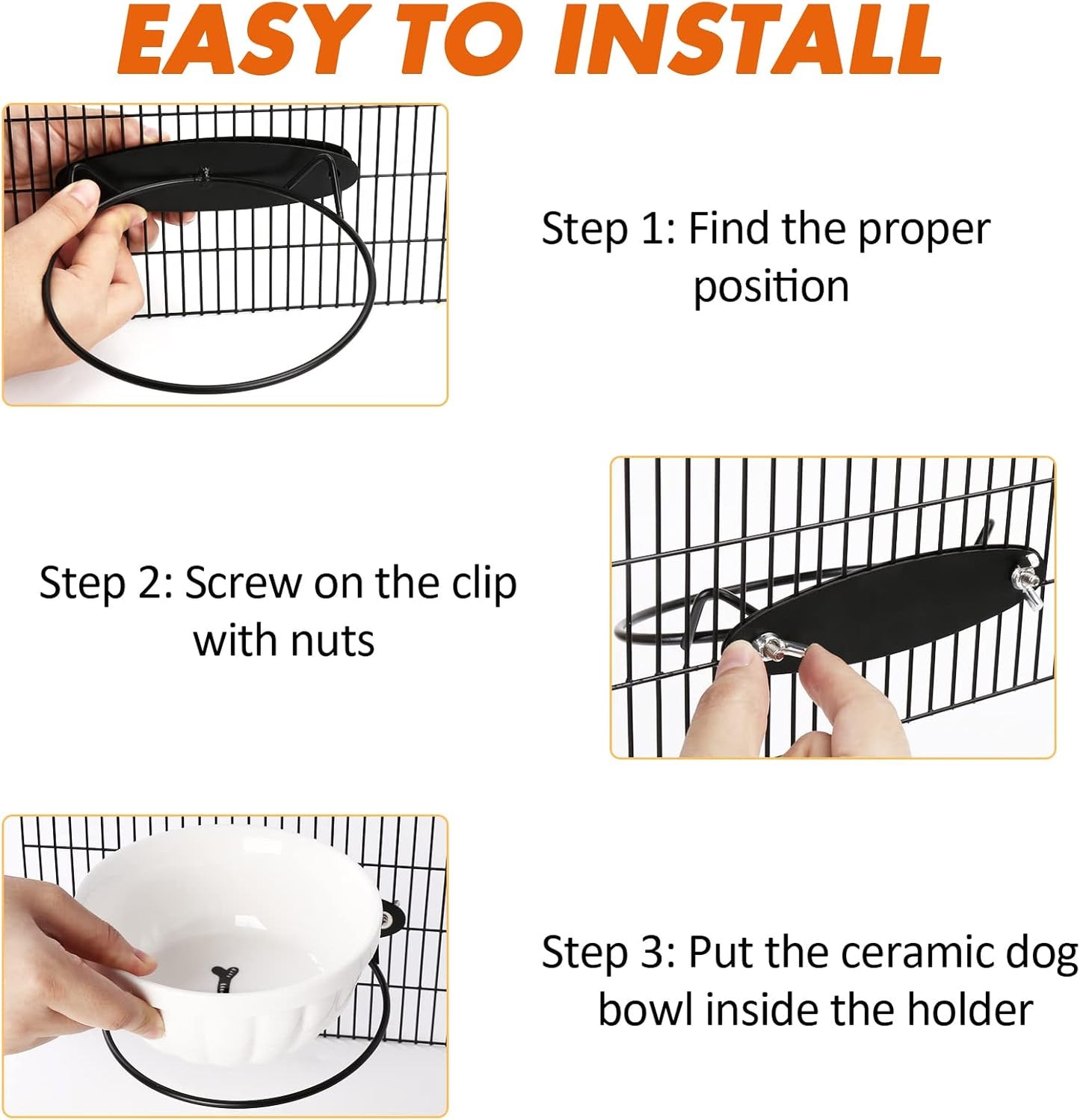 Dog Kennel Water Bowl, 2 Pack Ceramic Hanging Dog Crate Water Bowls No Spill, Removable Thick Tilted Cat Food/Water Bowls for Small Dogs, Cats, Rabbit, Guinea Pigs(5.7 * 2.4&4.7 * 2”)