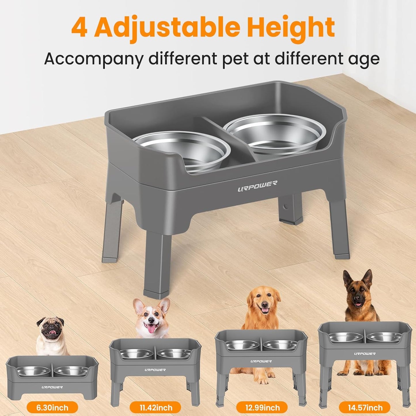 URPOWER 3-in-1 Elevated Dog Bowls - Mess Proof Double Deck 4 Height Adjustable Raised Stand with 2 Stainless Steel Food Bowls & Licking Plate for Small, Medium & Large Dogs