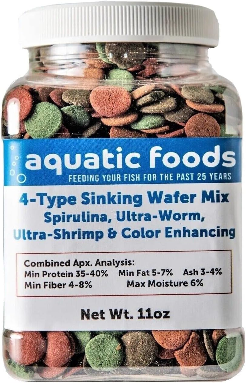 Aquatic Foods Inc. 4-Type 12mm - 1/2" Sinking Wafer Mix of Spirulina-Algae, Ultra-Worm, Ultra-Shrimp, Color Enhancing Wafers for Shrimp, Snails, Crabs, Crayfish, All Tropical Fish..11oz Small Jar