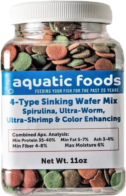 Aquatic Foods Inc. 4-Type 12mm - 1/2" Sinking Wafer Mix of Spirulina-Algae, Ultra-Worm, Ultra-Shrimp, Color Enhancing Wafers for Shrimp, Snails, Crabs, Crayfish, All Tropical Fish..11oz Small Jar