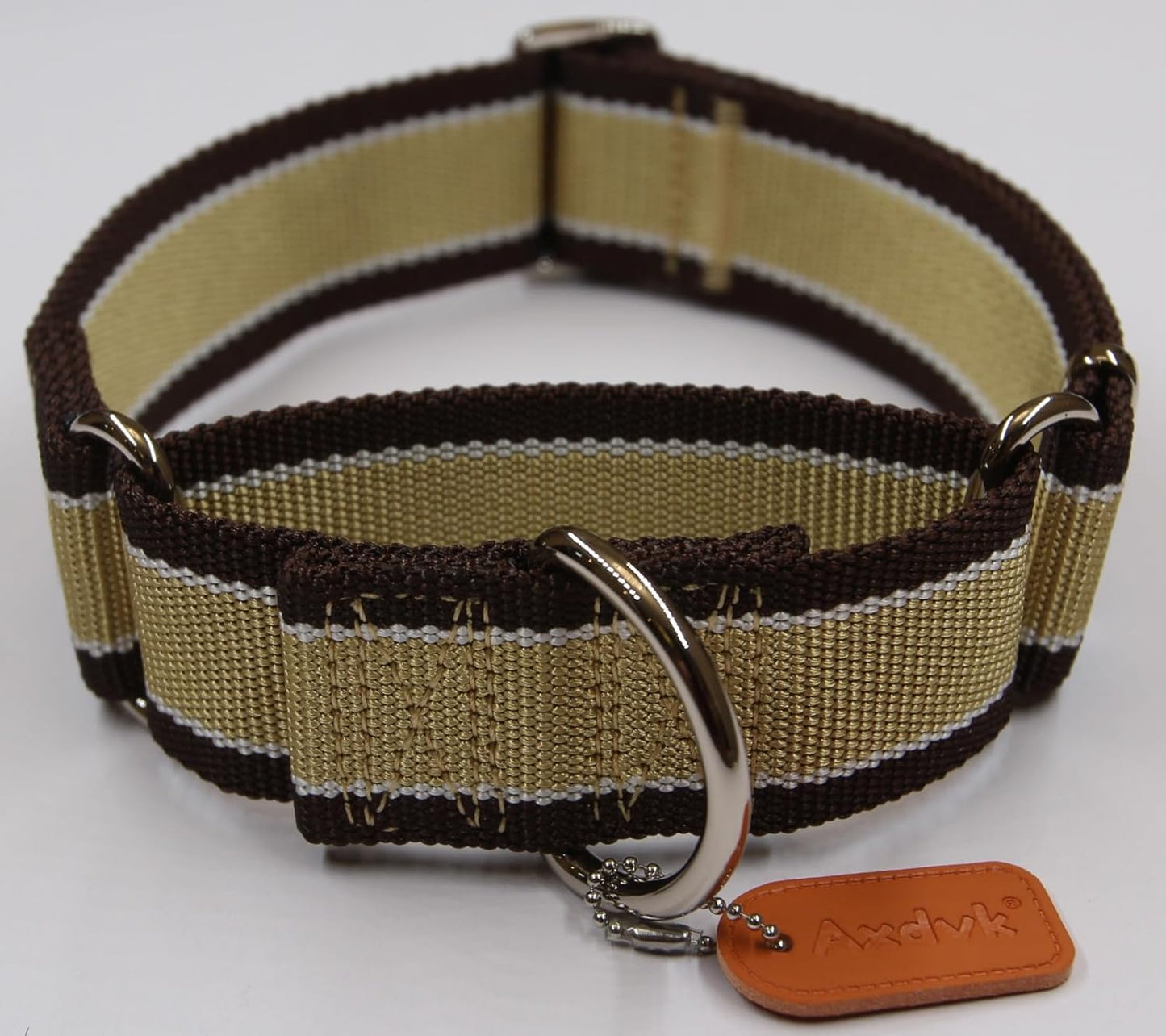 Martingale Collar 1.5 Inch Wide 1600D Extra Strong Anti Escape Nylon Dog Collar, No Pull Heavy Duty Pet Collars with 3-Color Stripe for Medium Dogs (M, Khaki & Dark Brown)
