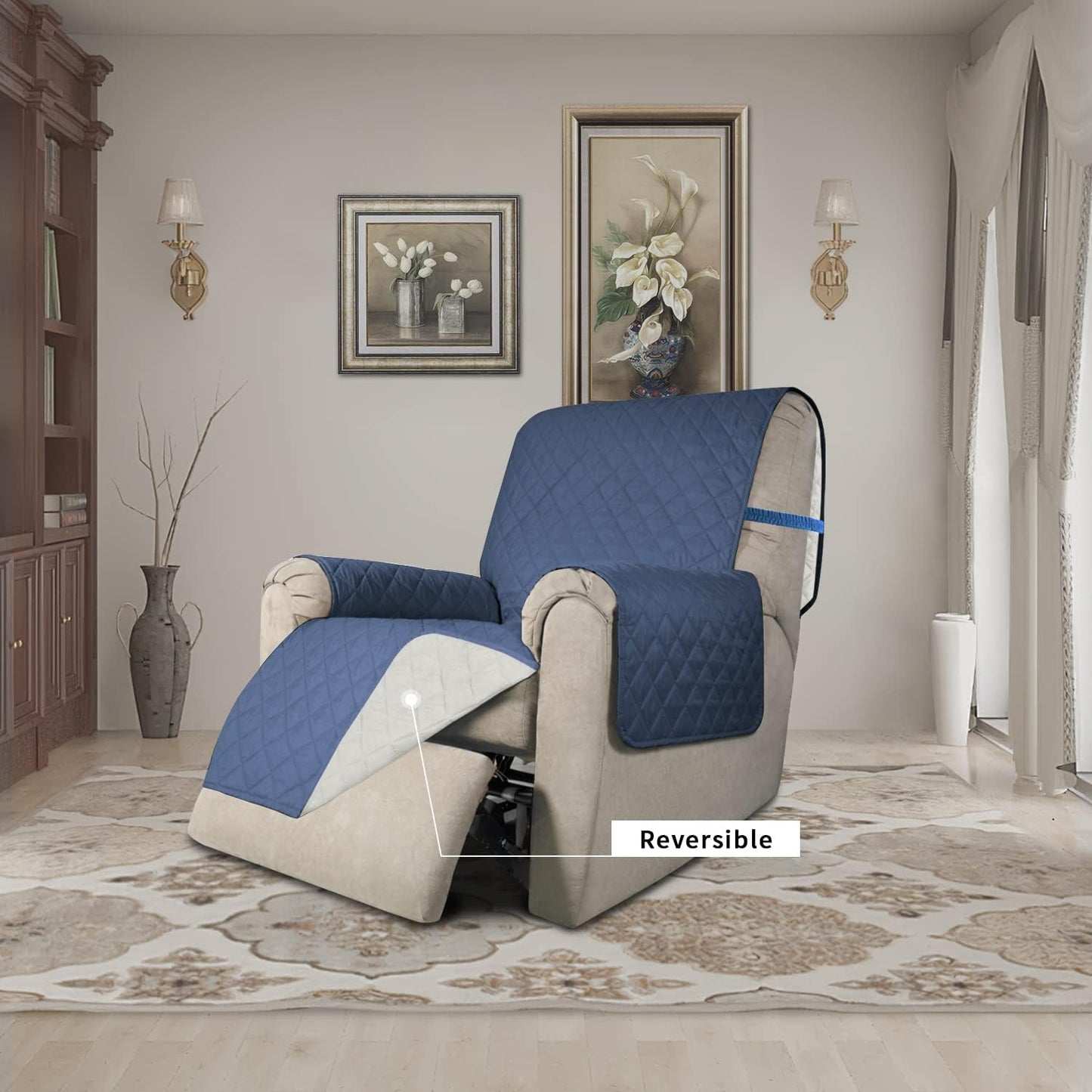 Easy-Going Recliner Chair Slipcovers Reversible Chair Sofa Cover Water Resistant Couch Cover Furniture Protector with Elastic Straps for Pets Dog (Recliner 22 inch, Dark Blue/Ivory)