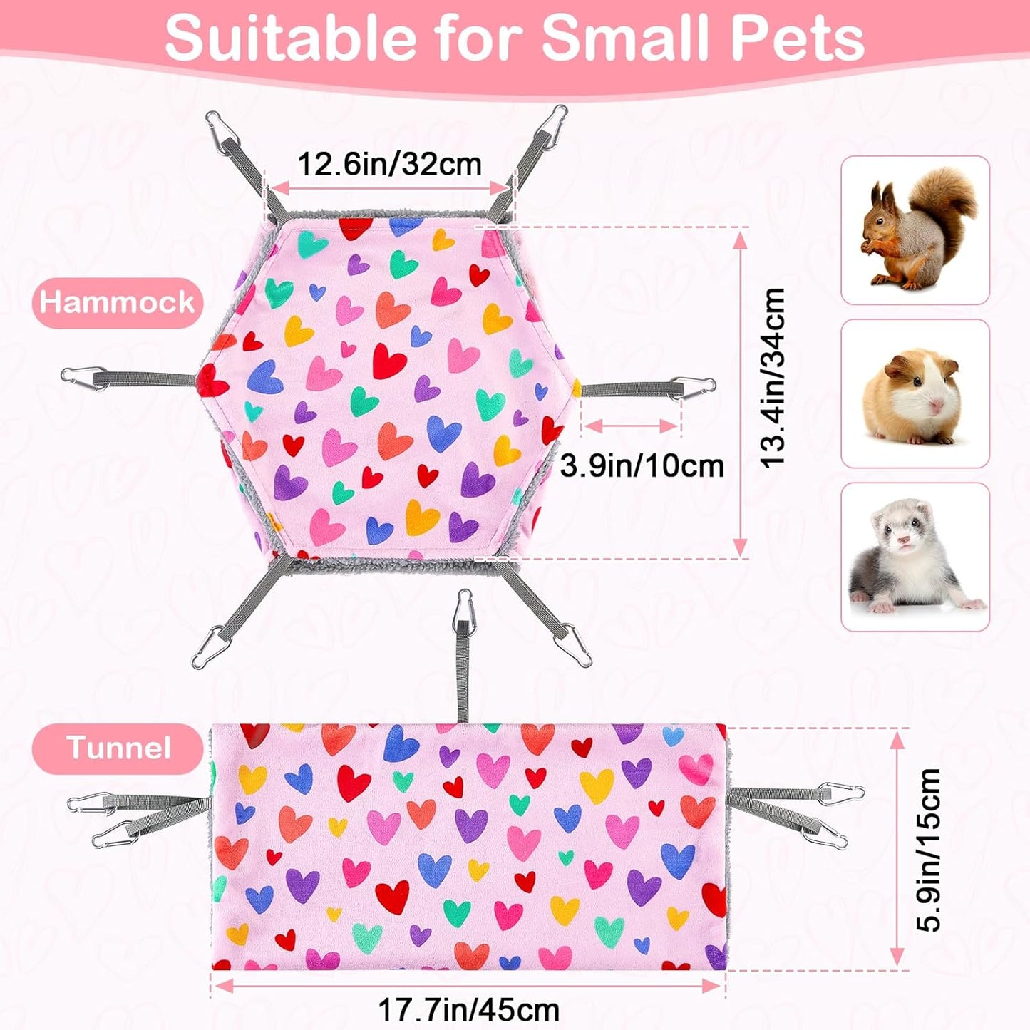Bienbee 2 Pcs Ferret Rat Hammock Set for Cage Washable Guinea Pig Hideout Bed Soft Small Animal Hammock Tunnel Toys Ferret Cage Accessories for Hedgehog Sugar Glider Squirrel Hamster, Pink Hearts